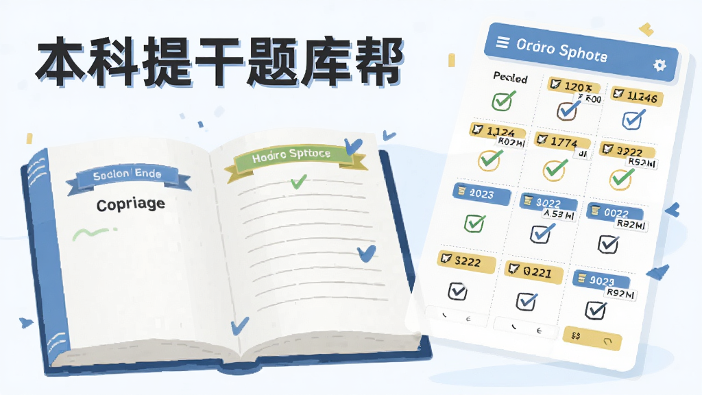 主体为打开的题库册与悬浮的答题卡,布局为左侧册子右侧答题卡形成对比构图,排版上答题卡以网格形式呈现,风格为扁平化教育插画,细节包括打勾标记、分数标签、年份索引条,画质清晰干净无多余元素,画面中文字为“本科提干题库帮 真题演练”