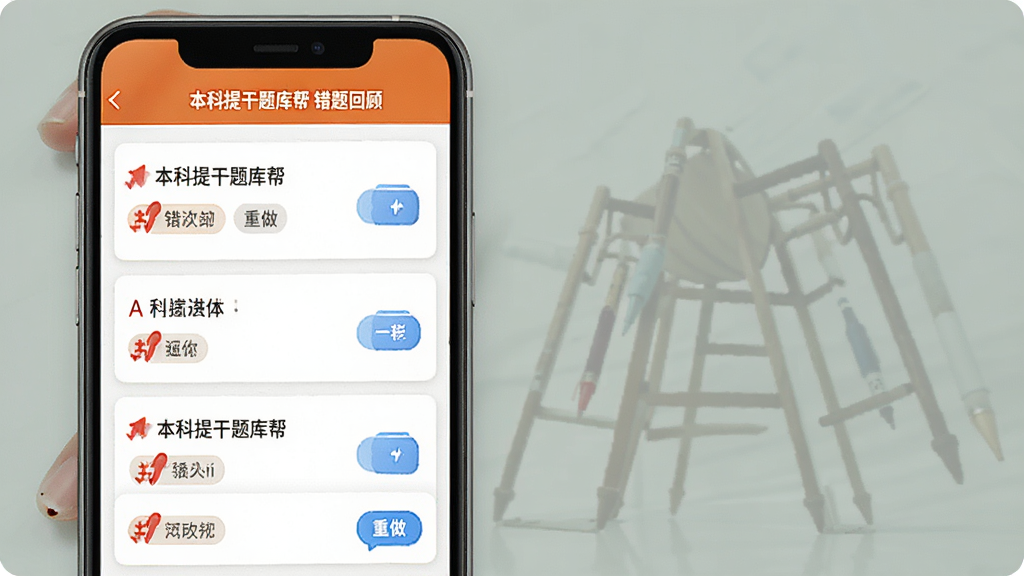 主体为手机界面中的错题本列表,布局为上下结构顶部标题栏下方为卡片式错题条目,排版整齐纵向排列,风格为简约学习类UI视觉,细节包括红色错题标记、科目标签、重做按钮,画质高清干净无多余元素,画面中文字为“本科提干题库帮 错题回顾”