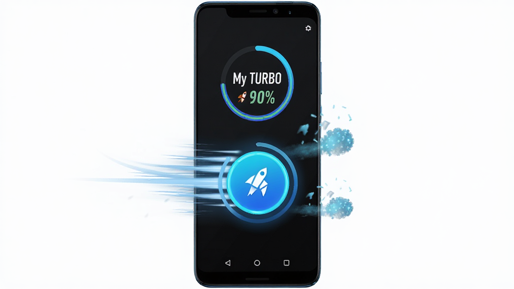 һ�����ֻ�����Ϊ�����AI��ͼ������������һ����׿�ֻ�����Ļ��ʾMy Turbo��һ�����ٽ��棬���ٰ�ť�ʸ�����ɫԲ�Σ���Χ�����ٶ��������ڴ��ͷŶ���Ч��������Ϊ�ֻ����С��������ף������ˬ�Ƽ��磬ϸ�ڰ����ٷֱ���������Ȼ������ʸ���ɾ����޶���Ԫ��