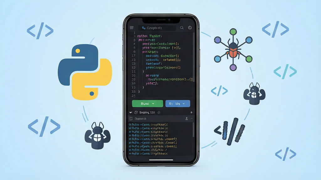 һ��չʾPython����������ֻ�Ӧ�ý����ͼƬ������������һ�������ֻ�����Ļ��ʾ��ɫ����Ĵ���༭�����༭���г��ֲ�ɫ�﷨������Python������룬�����·������а�ť����־������ڣ��ֻ���Χ������Python��־����������ڵ�ͼ��ʹ�����ţ�����Ϊ�ɾ���ǳ��ɫ���䣬��������Ƽ��У��Ű�������ϸ�ھ��£����ʸ��壬�ɾ��޶���Ԫ��