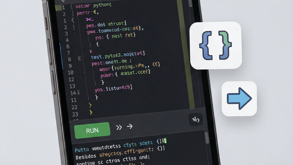һ��չʾPython�������������༭���ܵ�ͼƬ������Ϊ�ֻ���Ļ��д����Ļ����ʾPython����༭���棬������в�ɫ�﷨�������кţ���Ļ�·������а�ť�������־�����Ա�Ư���Ŵ������ź����м�ͷͼ�꣬����Ϊ���ǳ��ɫ������Լ�ִ����Ű����࣬�����������ɾ��޶���Ԫ��