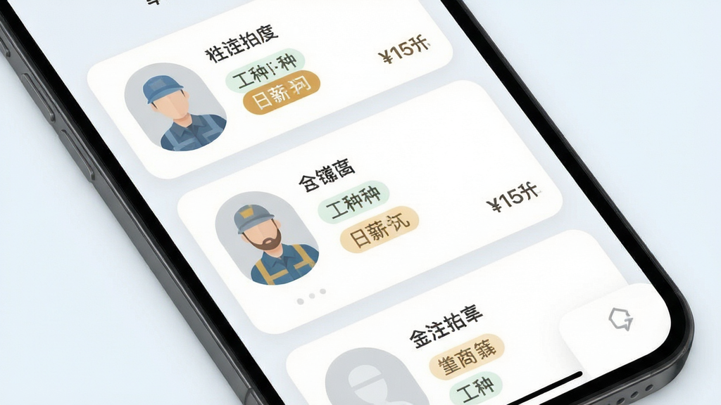 数字包工头软件工人档案管理界面特写,手机屏幕展示多个工人信息卡片整齐排列,每张卡片包含头像占位、姓名、工种标签和日薪数字,画面采用浅色背景突出屏幕内容,布局为手机正面平视角度,风格清爽简洁的UI展示图,细节上卡片圆角柔和、文字清晰可读,画质高清干净无多余元素