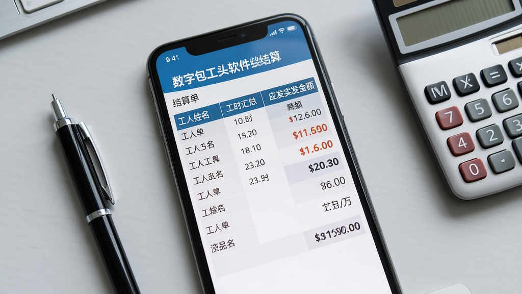 数字包工头软件工资结算页面展示,手机屏幕呈现一张结构清晰的结算单,包含工人姓名、工时汇总、应发实发金额等条目,画面中手机旁放着一支笔和一个小型计算器,背景为浅灰桌面,布局为俯拍视角手机居中,风格为真实办公场景摄影,细节上屏幕文字层次分明、金额数字突出,画质高清干净无多余元素