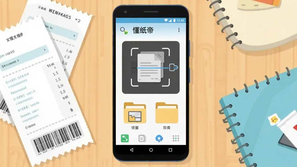 画面中央放置一部安卓手机,手机屏幕显示“懂纸帝”应用主界面,界面中有文档扫描框与分类文件夹图标,手机周围散落几张纸质票据与笔记本,背景为浅色木质桌面,整体采用扁平化插画风格,色调清新明亮,细节清晰,画质干净,无多余元素