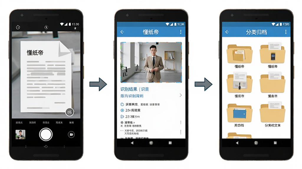 画面展示“懂纸帝”应用在安卓手机上的操作流程示意图,左侧为拍摄文档步骤,中间为识别结果页,右侧为分类归档文件夹界面,三个手机屏幕并排排列,用箭头连接表示操作顺序,背景为干净的白色,风格为扁平化教程插画,细节清晰,画质干净