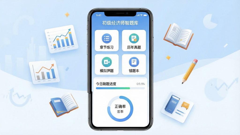 一款名为“初级经济师智题库”的手机应用主界面展示,画面中央是一部竖屏智能手机,屏幕内呈现题库首页,上方有“章节练习”“历年真题”“模拟押题”“错题本”四个功能入口图标,下方是今日刷题进度条与正确率环形图,背景为浅蓝与白色搭配的简约学习风格,手机周围漂浮着经济图表、书本、铅笔等小元素,整体布局居中对称,风格清爽现代,细节清晰,画质高清,画面干净无多余元素