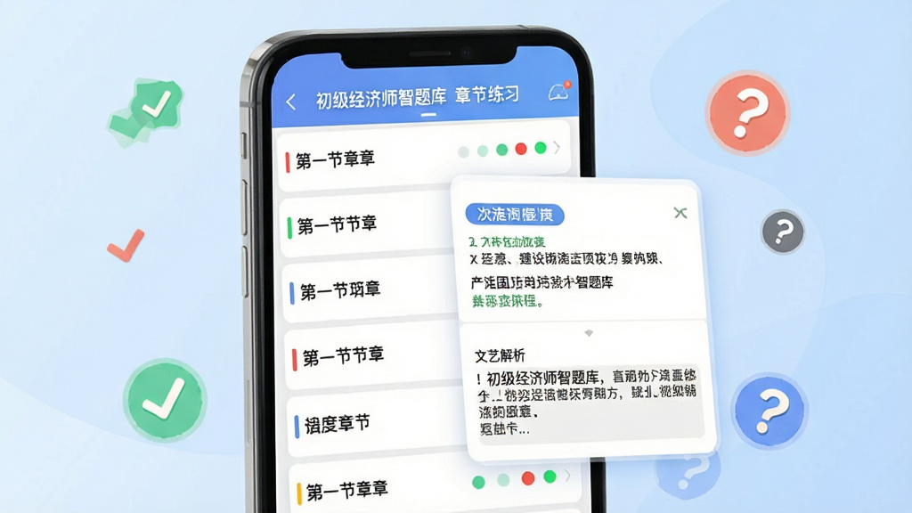 一款名为“初级经济师智题库”的章节练习界面展示,手机屏幕内显示章节列表,每个章节右侧带有红绿相间的掌握度圆点标记,点击某一章节后弹出题目卡片,卡片下方展开文字解析区域,背景为淡蓝色渐变,画面采用扁平化插画风格,周围点缀对勾与问号图标,布局清晰有序,画质干净高清,无杂乱装饰元素