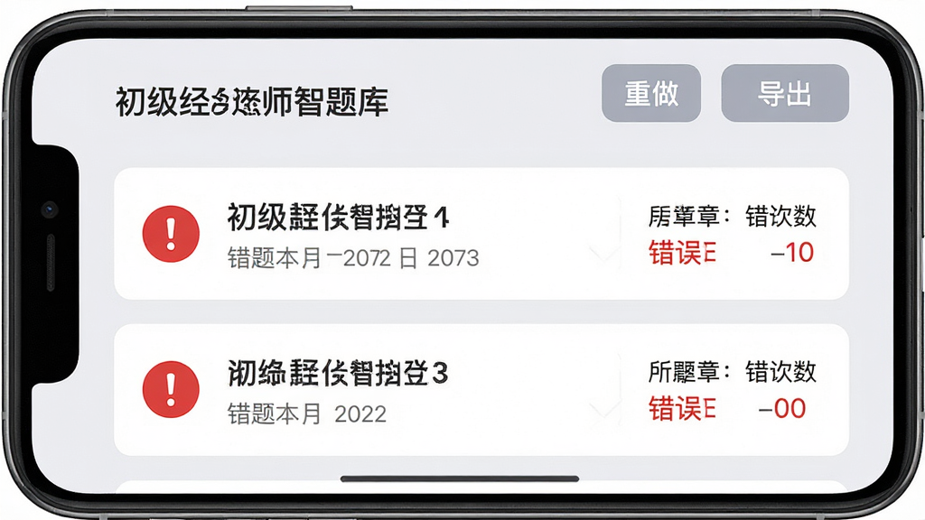 一款名为“初级经济师智题库”的错题本界面展示,手机屏幕内显示错题列表,每条错题左侧有红色感叹号标记,右侧显示所属章节与错误次数,顶部有“重做”“导出”按钮,背景为浅灰色调,画面采用卡片式布局风格,细节清晰,画质高清,画面干净整洁无多余元素