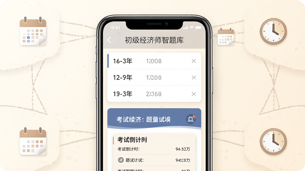 一款名为“初级经济师智题库”的历年真题模块界面展示,手机屏幕中央显示一份年份选择列表,下方是一张模拟试卷卡片,卡片上标注考试倒计时与题量信息,背景为暖白色调,画面风格简洁商务,细节处有日历与时钟小图标点缀,整体排版规整,画质清晰干净,无多余元素