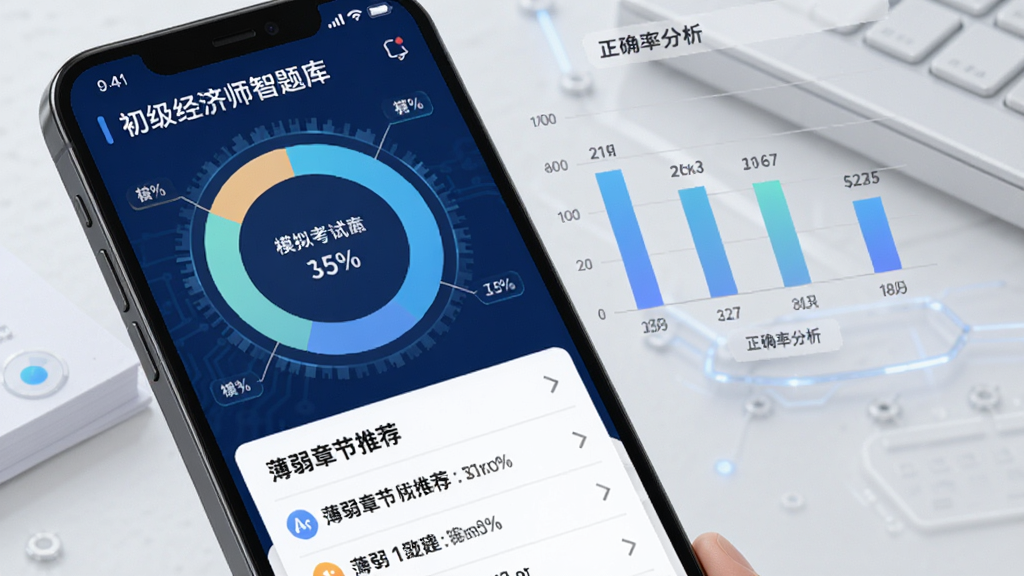 一款名为“初级经济师智题库”的模拟考试报告界面展示,手机屏幕内呈现环形得分图与柱状正确率分析图,下方列出薄弱章节推荐列表,背景为深蓝与白色搭配的科技学习风格,画面采用数据可视化设计,布局清晰,细节丰富,画质高清,无多余装饰元素