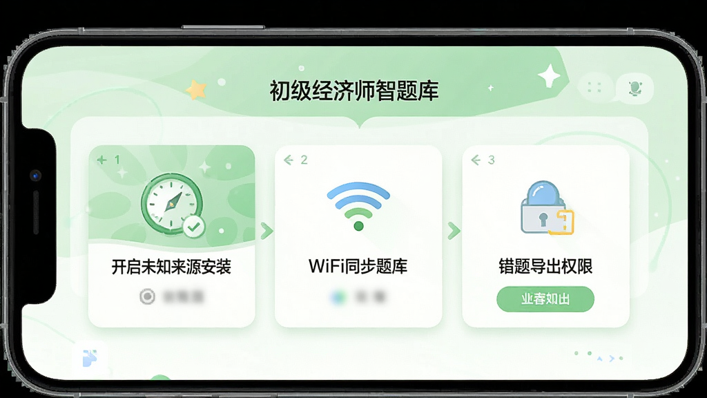 一款名为“初级经济师智题库”的新手引导界面展示,手机屏幕内呈现分步指引卡片,卡片上标注“开启未知来源安装”“WiFi同步题库”“错题导出权限”三个提示步骤,背景为浅绿色与白色搭配的清新风格,画面采用扁平插画设计,细节清晰,画质高清,布局简洁,无多余元素