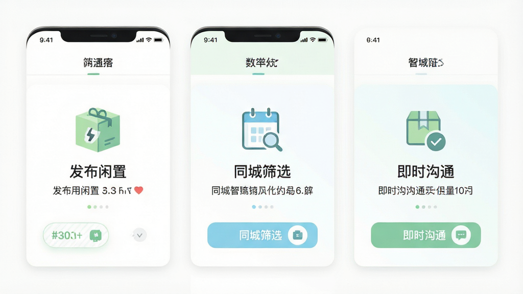 主体为二手物品闲置交易应用的功能展示界面,布局采用三栏并列卡片式排版,分别展示发布闲置、同城筛选、即时沟通三个功能模块;风格为清新浅色扁平风,配色以白色、浅绿、浅蓝为主;细节上每个卡片配有对应图标与简短文字说明,卡片之间留有均匀间距;画质高清,画面干净整洁,无多余元素
