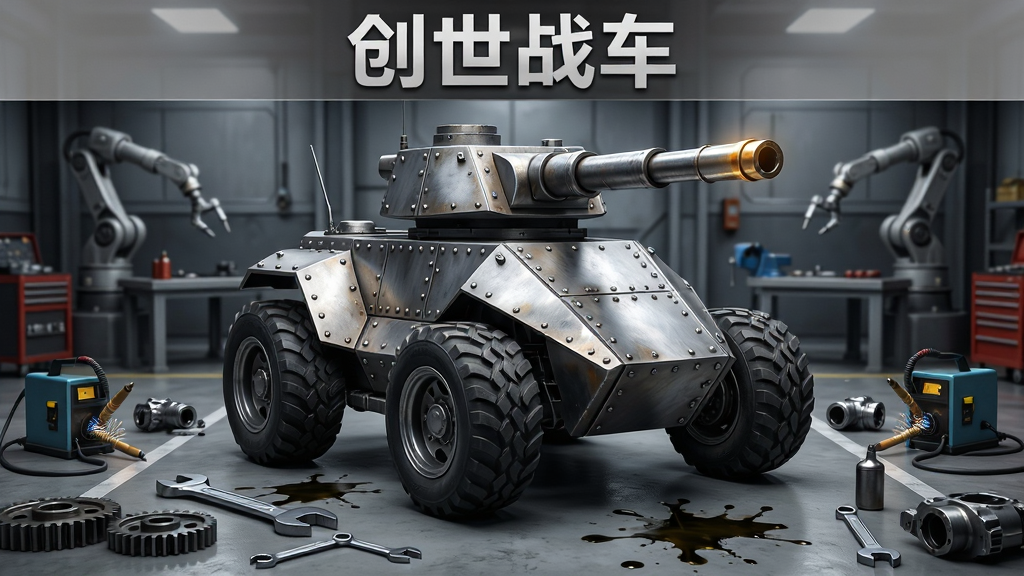 画面主体是一辆由金属装甲、轮胎与炮塔模块拼装而成的战斗载具,停在工业风格的车间中央,四周摆放着扳手、齿轮、焊接设备与散落的零件;布局采用中央对称构图,载具占据画面视觉中心,背景为带机械臂的装配工位;排版上在画面顶部留出横向标题位置,风格为写实工业科幻风,金属质感明显,细节包括轮胎纹路、装甲铆钉、炮口反光与地面油渍;画质高清,画面干净,无多余元素,画面中文字为“创世战车”
