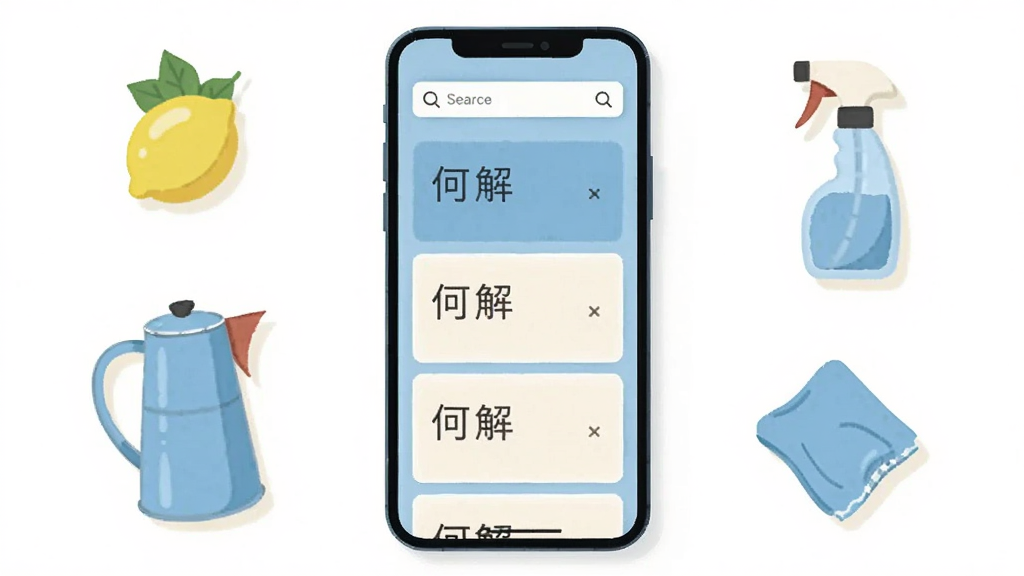 画面中央放置一部竖屏智能手机,手机屏幕上显示简洁的问答卡片列表界面,顶部有搜索框,周围环绕柠檬、水壶、清洁喷瓶、抹布等生活用品图标,整体采用扁平化插画风格,色调以浅蓝和暖白为主,布局干净留白充足,细节上突出手机界面中的“何解”文字标识,画质清晰锐利,背景纯净无杂乱元素
