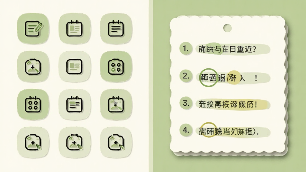 画面为信息图风格,左侧是分类图标矩阵,右侧展开一张解答卡片,卡片上有编号步骤和重点标记符号,整体配色为浅绿与米白,布局左右分栏,风格清爽简约,细节表现图标线条和卡片阴影,画质干净,无多余装饰