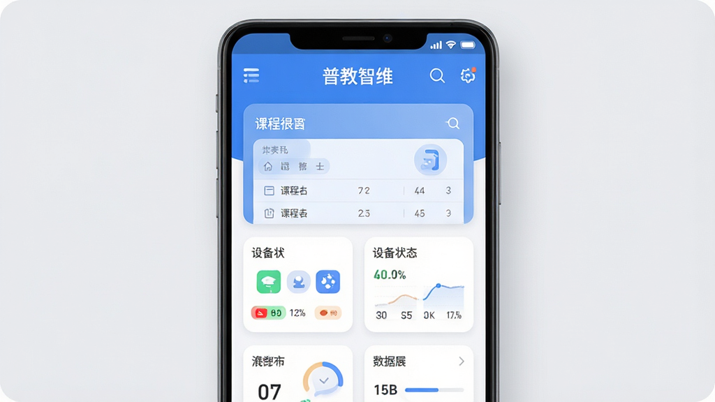 普教智维软件主界面展示图,主体为一部安卓手机屏幕,屏幕内呈现蓝白色调的教学管理应用首页,包含课程表卡片、设备状态图标与数据统计小模块,布局简洁居中,排版上下分层清晰,风格为现代扁平化科技风,细节包括圆角图标、柔和阴影与浅灰背景,画质清晰干净,无多余装饰元素,图片中显示文字“普教智维”
