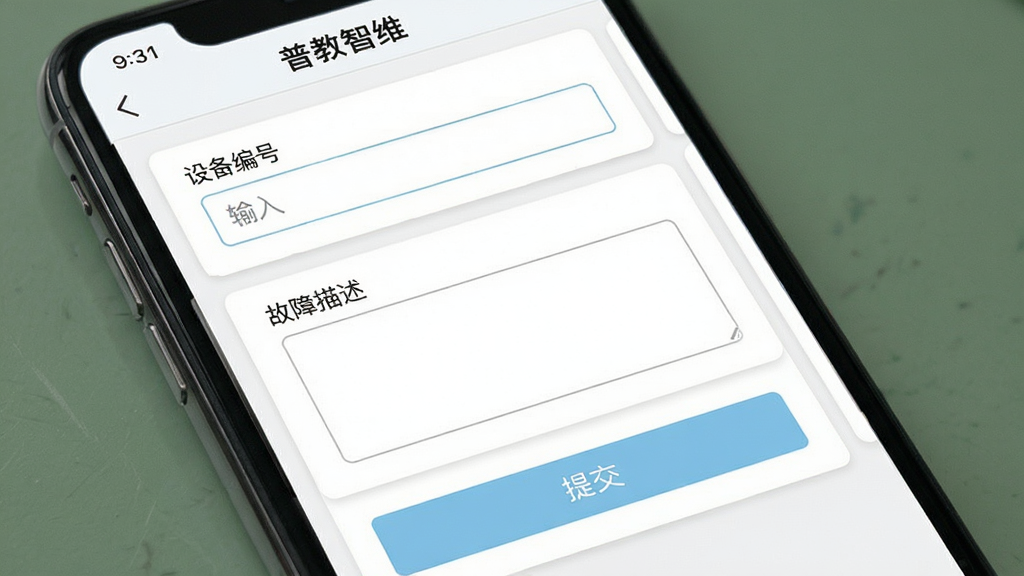 普教智维设备报修功能界面图,主体为手机屏幕特写,屏幕内展示报修工单填写页面,包含设备编号输入框、故障描述文本框与提交按钮,布局上下结构,排版整齐,风格为清爽商务风,细节有浅蓝色按钮、白色卡片背景与灰色分隔线,画质干净清晰,无杂乱元素,屏幕上方显示“普教智维”字样