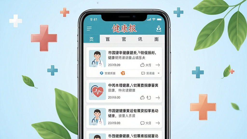 健康报APP官方主界面展示,手机屏幕居中放置,屏幕内呈现健康资讯列表与顶部导航栏,背景为干净的浅蓝色渐变,周围点缀医疗十字与绿叶元素,整体风格简洁专业,画质清晰,无多余杂物