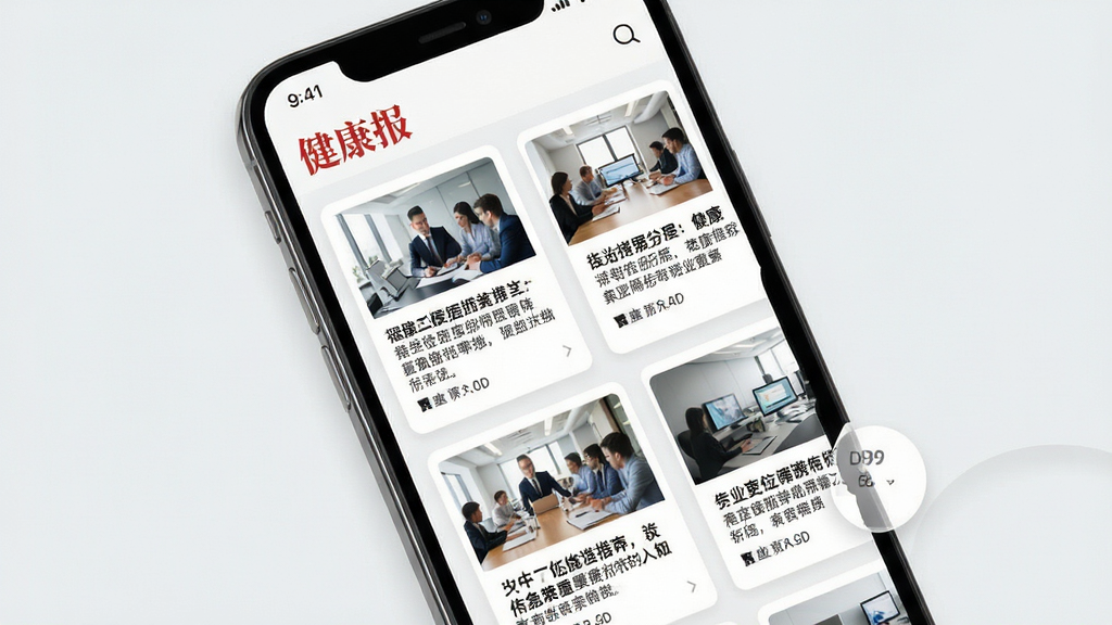 健康报APP资讯聚合页面,手机屏幕显示多张资讯卡片整齐排列,卡片上有标题与缩略图,背景为白色与浅灰搭配,风格清爽商务,画质干净,无多余装饰