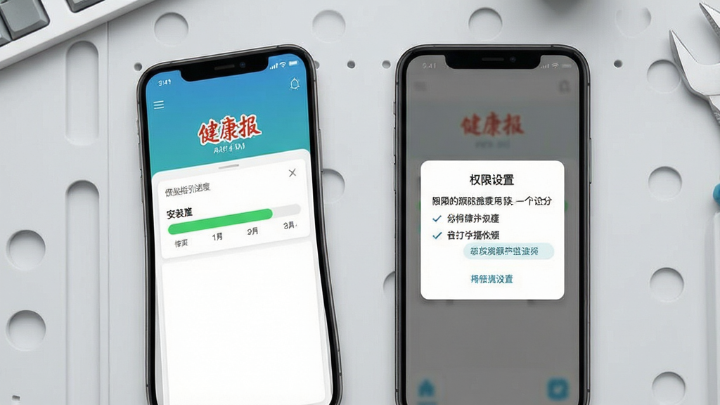 健康报APP安装指引示意图,手机屏幕显示安装进度条与权限设置弹窗,背景为浅灰色工作台面,风格简洁实用,画质清晰,无多余装饰