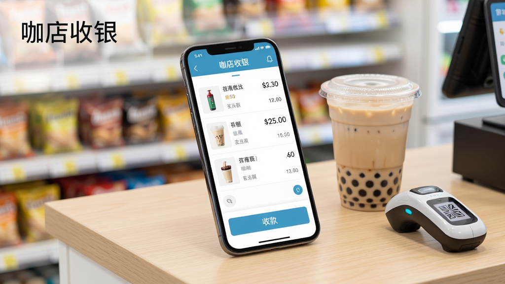 画面主体是一部竖屏智能手机,屏幕上显示“咖店收银”收银台界面,界面内有商品列表、金额数字与收款按钮,手机斜放在浅木色台面上,旁边摆放着一杯奶茶和一台小型扫码枪。布局为居中构图,手机占画面视觉中心,背景为虚化的便利店货架。排版上软件名称“咖店收银”以简洁字体出现在画面左上角。风格为清新写实的商业产品摄影风,光线柔和明亮,细节上突出屏幕UI的清晰度与台面质感。画质高清,画面干净,无多余元素。