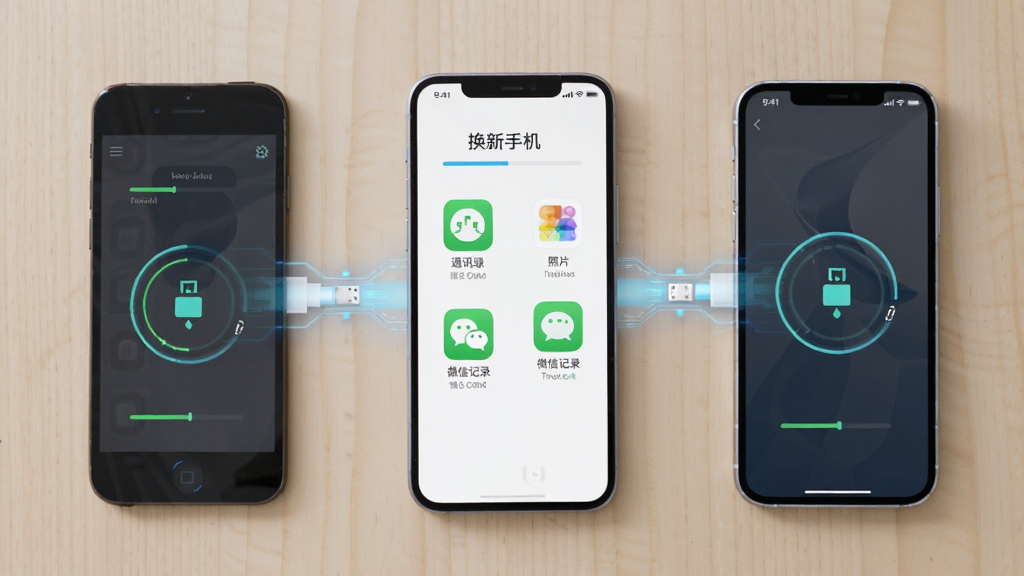 一部旧手机和一部新手机并排放在桌面上,中间有数据流光线连接,画面中央展示“换新手机”软件界面,界面包含通讯录、照片、微信记录等图标,布局简洁对称,风格为科技感扁平化设计,细节包括手机屏幕上的进度条和数据传输动画,画质清晰干净,无多余元素