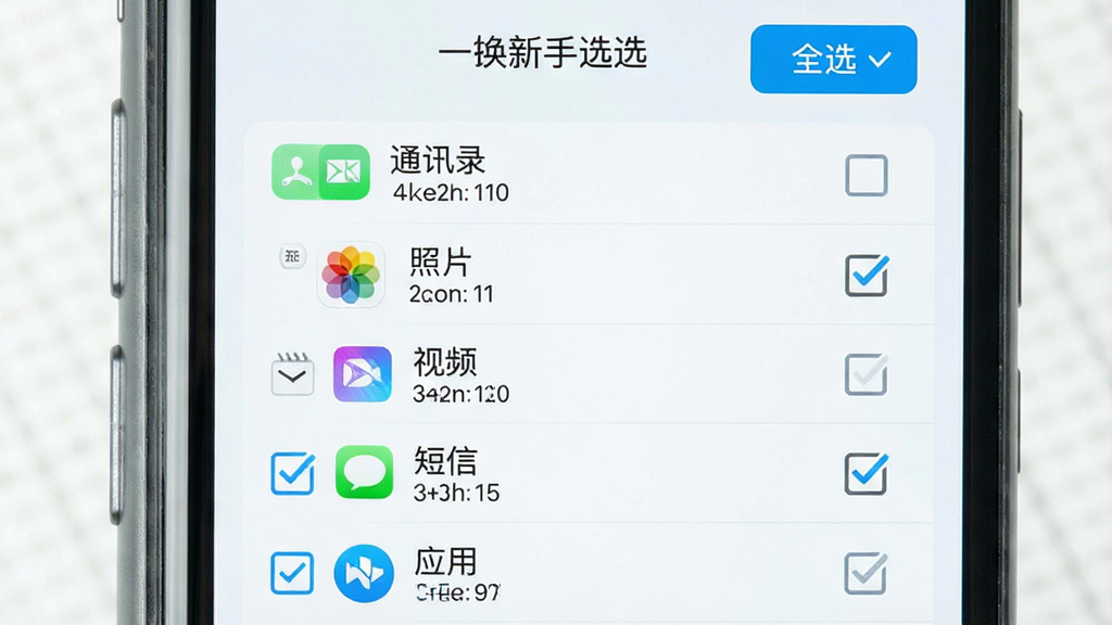 手机屏幕显示“换新手机”软件的一键全选界面,清单中包含通讯录、照片、视频、短信、应用等分类,每个分类前有勾选框,界面顶部有“全选”按钮,布局清晰,风格为清新浅色扁平化设计,细节包括分类图标和数量统计,画质干净明亮,无多余元素