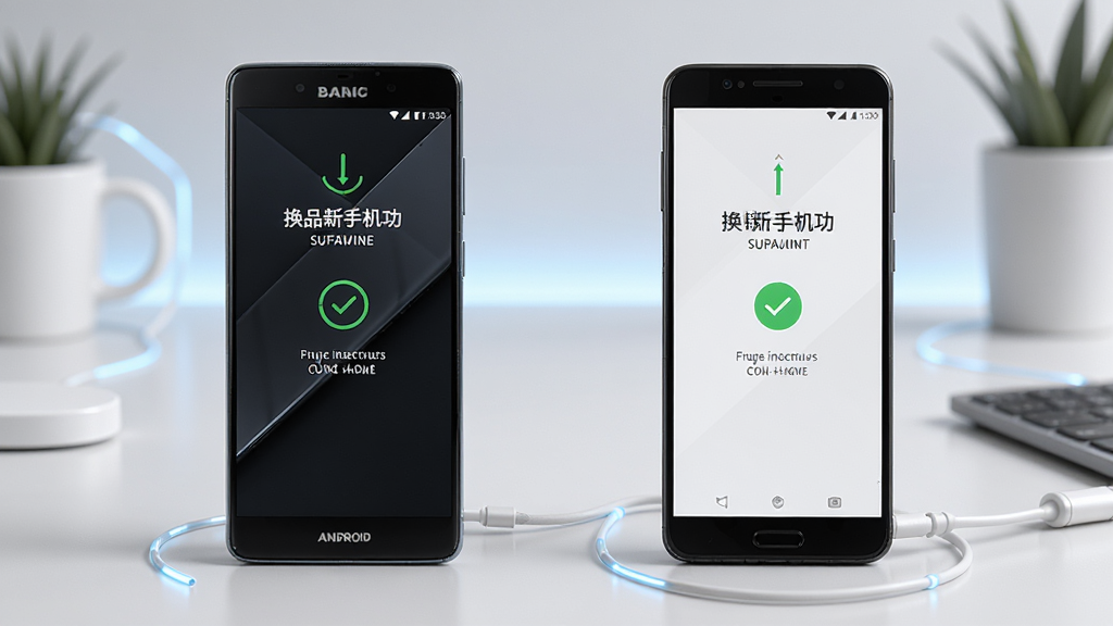 两部不同品牌的安卓手机通过“换新手机”软件建立连接,屏幕显示跨品牌传输成功的提示,背景为简约的桌面环境,布局左右对称展示两部手机,风格为现代科技感,细节包括手机品牌标识和连接状态图标,画质清晰锐利,无多余元素