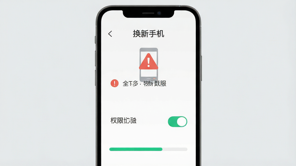 手机屏幕显示“换新手机”软件的操作引导页面,画面中有提示图标和步骤说明,背景为浅灰色,布局为上下结构,风格为简洁明快的扁平化设计,细节包括警告图标、权限开关和进度条,画质清晰干净,无多余元素