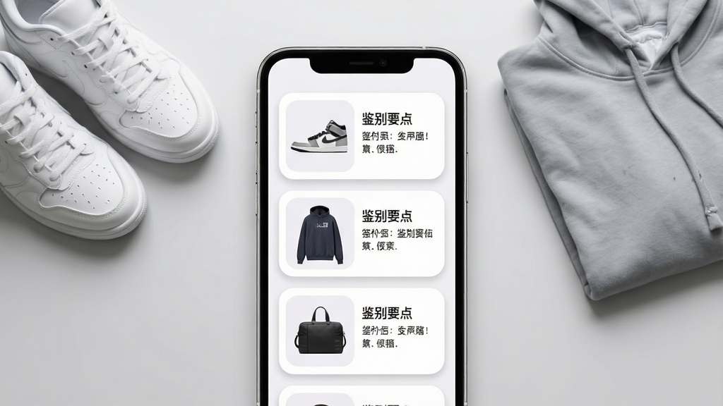 一张手机屏幕展示潮流单品鉴别界面的场景图,画面中央是一部竖屏手机,屏幕内呈现球鞋、卫衣、箱包三件单品的缩略图卡片,每张卡片旁标注