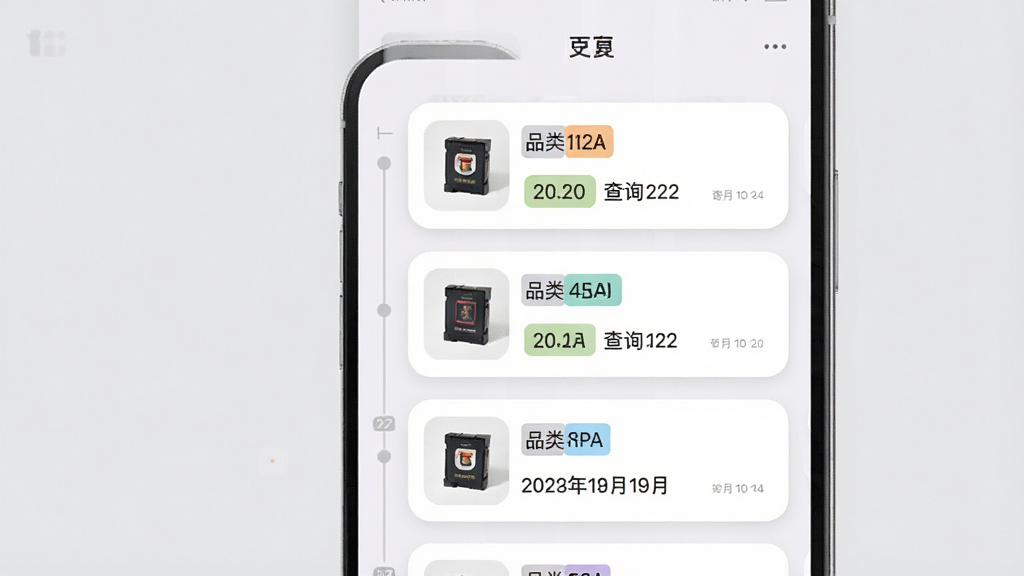 一张展示查询记录页面的手机界面场景图,画面中央手机屏幕显示按时间排列的记录卡片,每张卡片包含商品缩略图、品类标签和查询日期,背景为浅灰色,风格为工具类应用风,细节包括卡片圆角、时间轴线条、标签底色,画质清晰干净,无多余元素