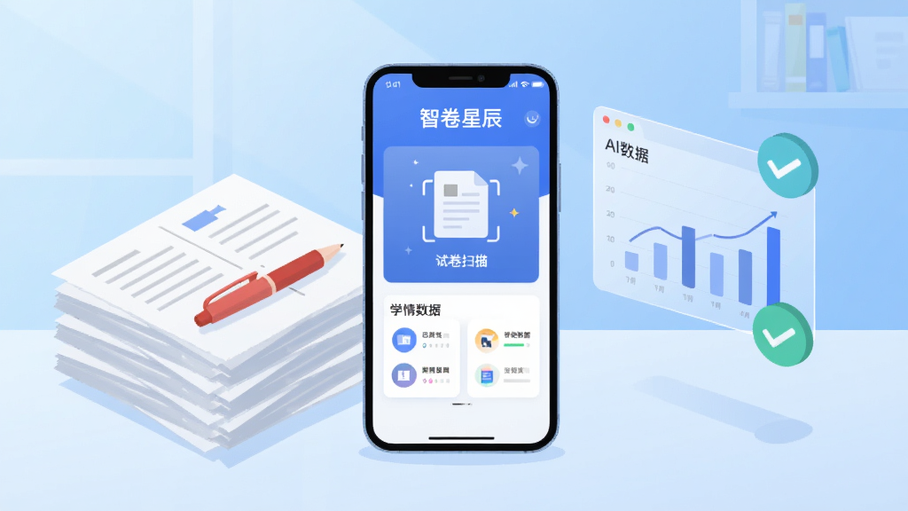 画面中央放置一部智能手机,手机屏幕上显示“智卷星辰”软件首页界面,界面中包含试卷扫描入口与学情数据卡片,手机左侧摆放一叠整齐的试卷与一支红笔,右侧悬浮半透明的AI数据图表与对勾图标,背景为浅蓝色渐变的教育办公桌面,整体采用扁平化插画风格,细节干净利落,画质清晰明亮,无多余装饰元素