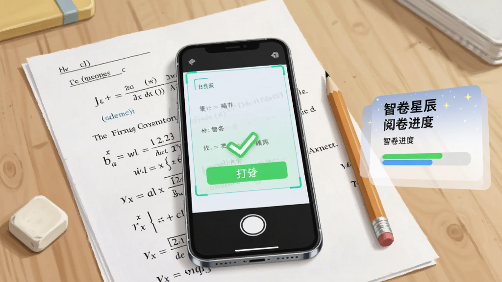 画面主体为一台平放的智能手机正在拍摄一张数学试卷,手机屏幕上方浮现识别框与自动打分的绿色对勾,试卷旁边放置一支铅笔与一块橡皮,背景为整洁的木质书桌,画面右侧以半透明卡片形式展示“智卷星辰”的阅卷进度条,整体风格为清新写实插画,构图居中,光线柔和,画质细腻干净,无杂乱元素
