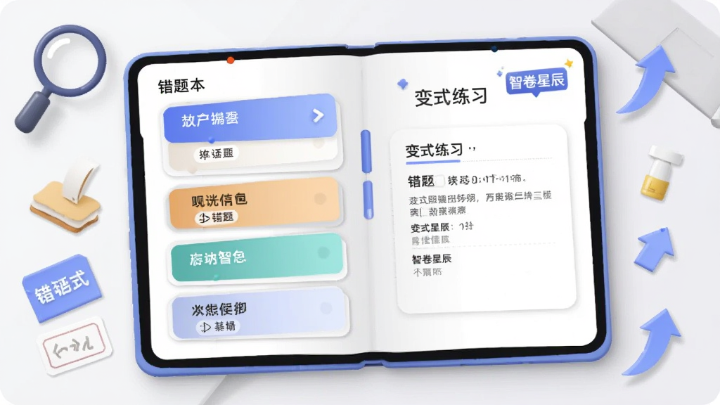 画面中央是一本打开的电子错题本,页面左侧列出按学科分类的错题卡片,右侧展示一道变式练习题与“智卷星辰”标识,错题本周围环绕放大镜、标签贴纸与上升箭头等小图标,背景为浅灰白色桌面,整体采用柔和圆角卡片式插画风格,配色以蓝白为主,细节清晰,画质干净,无多余元素