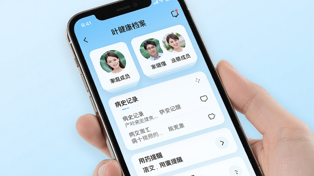 手机界面展示荷叶问诊健康档案页面,包含家庭成员头像卡片、病史记录列表和用药提醒条目,背景为浅蓝色渐变,风格为清爽卡片式UI设计,排版整齐,画质高清,干净无杂乱元素