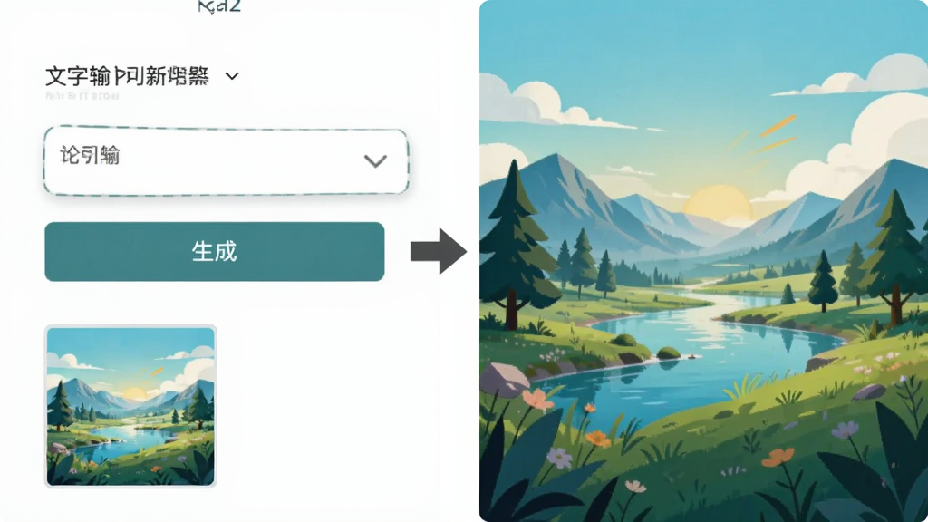 AI绘画软件中文字生成图像功能展示图,画面左侧为文字输入面板,右侧为生成的风景插画,中间以箭头连接,布局左右分栏,风格为扁平化界面展示,细节包括输入框、生成按钮与图像缩略图,画质清晰干净,无多余元素
