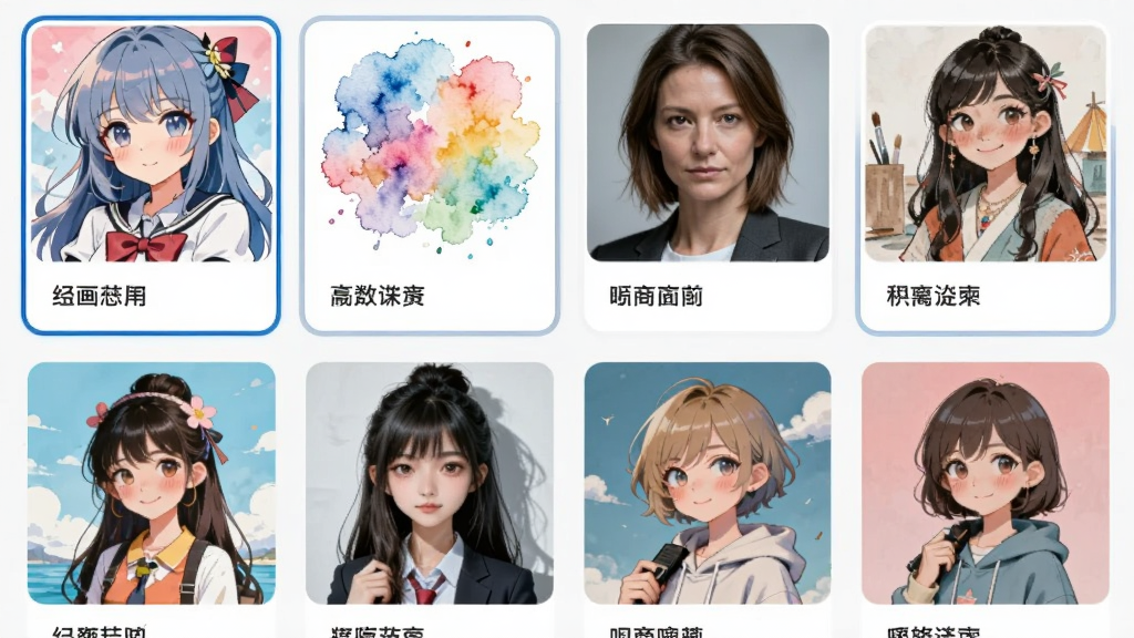 AI绘画软件多风格模板选择界面图,画面中排列多个风格缩略图卡片,包括动漫、水彩、写实、插画等,布局为网格状,风格为明亮清新的应用界面展示,细节包括风格名称标签与选中高亮边框,画质清晰干净,无多余元素