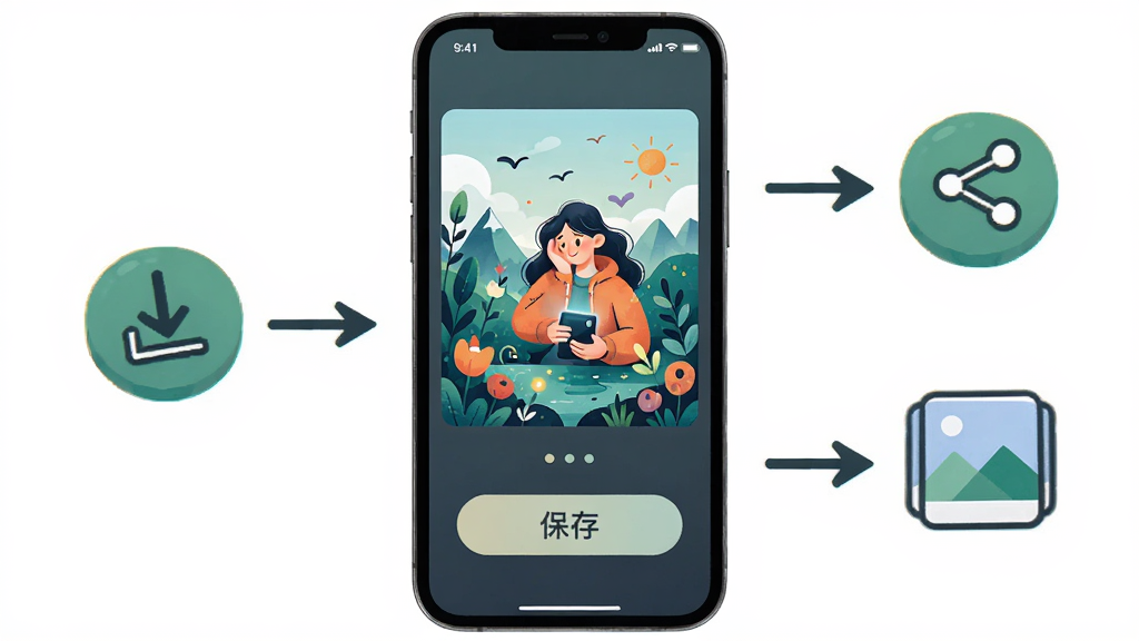AI绘画软件作品保存与分享流程展示图,画面中手机屏幕显示生成完成的插画与保存按钮,旁边有分享图标与相册图标,布局以手机为中心向外延伸,风格为简洁流程图式插画,细节包括下载箭头与分享符号,画质清晰干净,无多余元素
