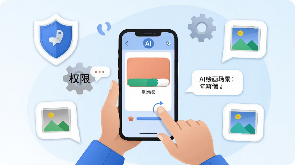 AI绘画软件新手使用场景插画图,画面中一位用户手持手机操作AI绘画应用,屏幕显示生成中的进度条与提示文字,周围有盾牌、齿轮、相册等图标象征权限与存储,布局人物居中、图标环绕,风格为友好说明式插画,细节包括提示气泡与操作手势,画质清晰干净,无多余元素
