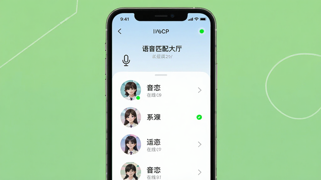 音恋CP软件主界面展示,手机屏幕中呈现语音匹配大厅与用户头像列表,主体为一部竖屏智能手机,布局居中,排版简洁,风格清新现代,细节包含麦克风图标与在线状态标识,画质高清,干净,无多余元素