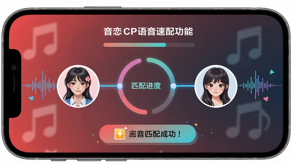 音恋CP语音速配功能界面,画面中央显示匹配进度动画与两个用户头像连线,主体为手机屏幕特写,布局对称,排版清晰,风格活泼明快,细节包含声波纹理与匹配成功提示,画质高清,干净,无多余元素