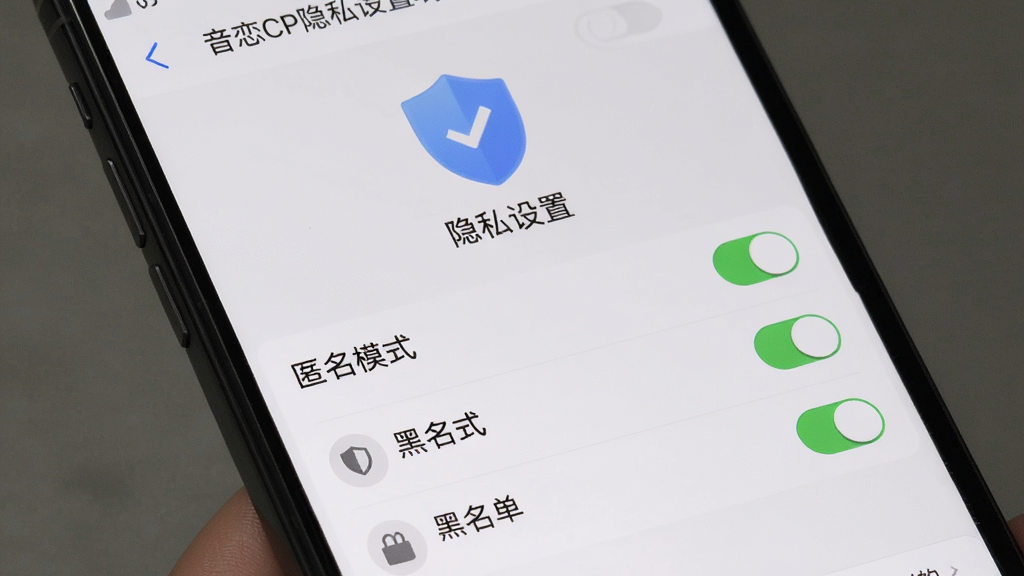 音恋CP隐私设置界面,展示安全盾牌图标与权限开关列表,主体为手机设置页面特写,布局纵向排列,排版清爽,风格稳重安心,细节包含匿名模式与黑名单入口,画质高清,干净,无多余元素