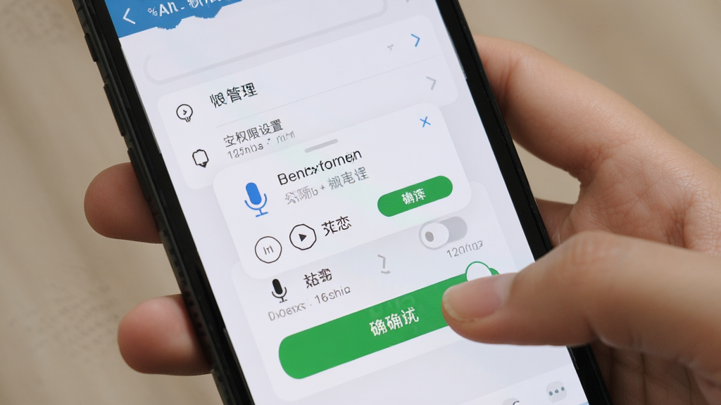 音恋CP安装权限设置示意图,手机屏幕显示应用权限管理页面与麦克风开关,主体为手持手机操作场景,布局特写聚焦屏幕,排版直观,风格教程示意,细节包含权限弹窗与确认按钮,画质高清,干净,无多余元素