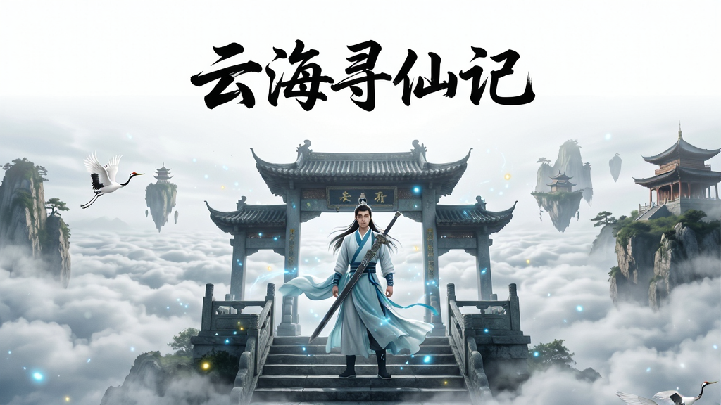 画面主体为云雾缭绕的仙侠山门,一位身着青白色长袍的年轻修士背负长剑立于石阶之上,身后是层叠的云海与悬浮岛屿,布局采用竖版构图,上方留白处用毛笔字体写有“云海寻仙记”五个字,排版居中大气,风格为中国风水墨与轻写实融合,细节包括飘动的衣袂、闪烁的灵光粒子、远处的仙鹤与楼阁,画质为4K高清,画面干净无多余元素