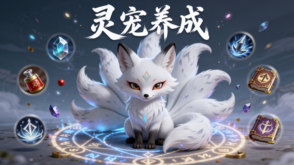 画面主体为一只通体雪白的九尾灵狐蹲坐在发光的法阵中央,周围环绕着丹药、灵石与技能书图标,布局为居中对称构图,上方悬浮“灵宠养成”字样的书法字体,风格为清新仙侠Q版与写实结合,细节包括灵狐毛发质感、法阵符文光效、漂浮的粒子特效,画质为2K高清,画面干净明亮无多余装饰