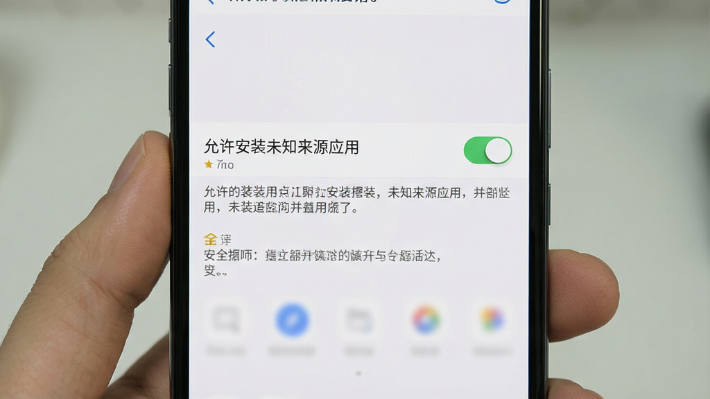 一张展示手机安装应用权限设置界面的图片,画面主体为手机屏幕特写,布局采用居中构图,风格为简洁的系统设置界面风格,细节包括“允许安装未知来源应用”开关与安全提示文字,画质清晰干净,无多余元素
