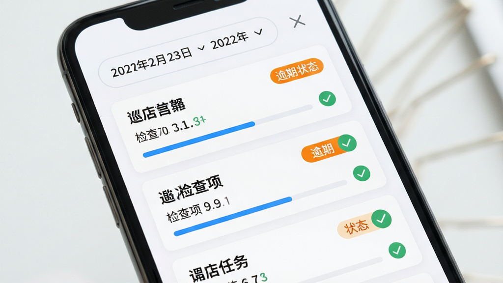 一部手机显示巡店任务清单页面,主体为手机屏幕,布局上方为日期筛选栏,中部为多张任务卡片纵向排列,卡片内含门店名称、检查项数量与状态标签,排版简洁有序,风格为清爽浅色商务风,细节包含蓝色进度条、橙色逾期标记与对勾图标,画质清晰,画面干净,无多余元素