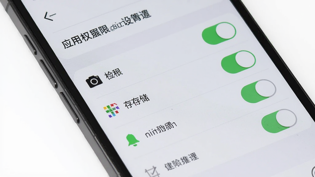 一部手机展示应用权限设置界面,主体为手机屏幕,布局上方为权限列表标题,中部为相机、存储、通知等权限开关行,排版简洁,风格为浅灰质感系统风,细节包含绿色开启开关与灰色关闭开关对比,画质清晰,画面干净,无多余元素