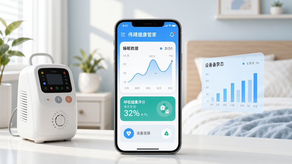 画面中央放置一部智能手机,手机屏幕上显示伟晴健康管家应用主界面,包含睡眠数据曲线、呼吸健康评分卡片和设备连接状态图标,手机左侧摆放一台白色家用呼吸机,右侧有浅蓝色数据图表悬浮元素,背景为干净明亮的居家卧室环境,整体采用清爽医疗健康风格,排版居中对称,细节包括柔和的晨光、整洁的床头柜、淡绿色植物点缀,画质高清,画面干净,无多余元素