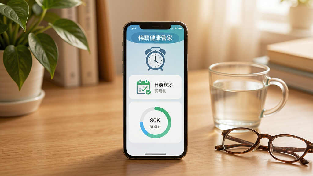 手机屏幕显示伟晴健康管家用机提醒设置页面,画面中有闹钟图标、日历打卡标记和时长统计圆环,手机旁边有一杯温水和老花镜,背景为温馨的居家书桌场景,风格温暖柔和,排版以手机为视觉中心,细节包括柔光、木质桌面纹理、绿植叶片,画质高清,画面干净,无多余元素